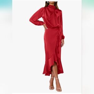 Red Satin Long Sleeve Dress